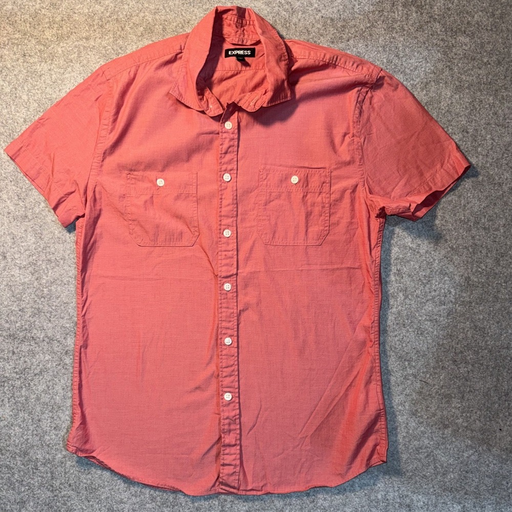 Express Short Sleeve Button Down Small Coral Pink 100% Cotton Dual Pocket